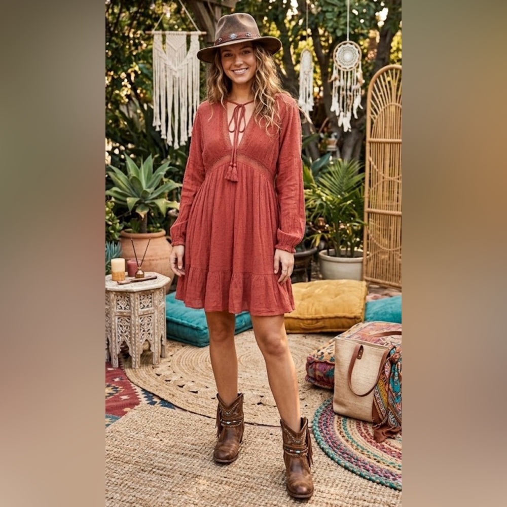 In loom boho Rust Red V-Neck Tie Babydoll Mini Dress